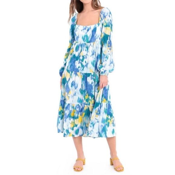 DONNA MORGAN Linen Floral Midi Dress 10 Puff Sleeve Square Neck Bohemian Prairie - Picture 1 of 11
